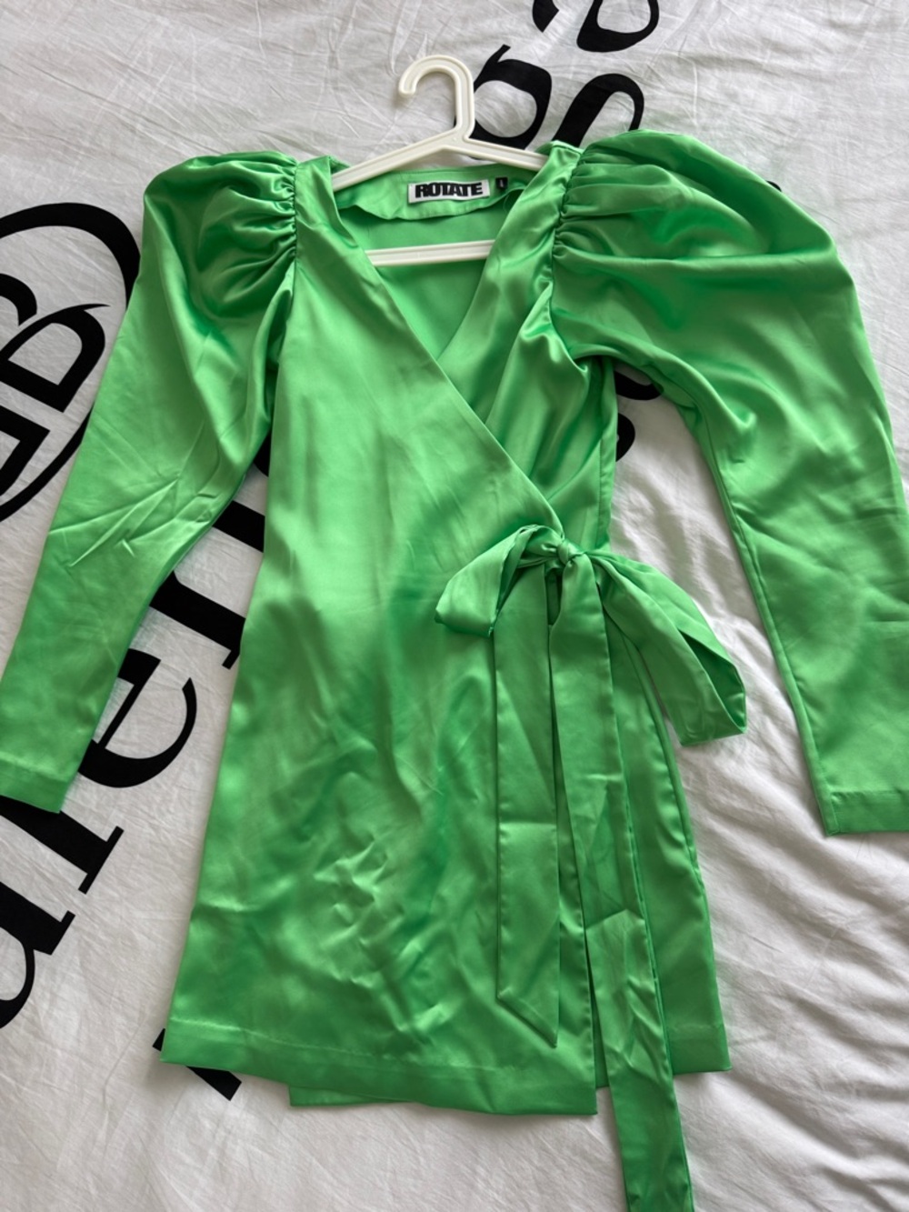 Rotate Green Satin Wrap Mini Dress with Puff Sleeves